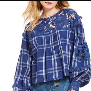 Free People Plaid Long Sleeve Top with Lace Detail Size Small.  Boho. EUC